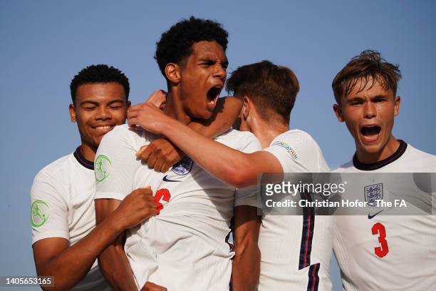 Jarell Quansah of England celebrates with teammates Dane Scarlett, Alex Scott and Callum Doyle after scoring their team's second goal during the UEFA...