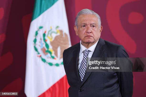 President of Mexico Andres Manuel Lopez Obrador looks on during the daily briefing at Palacio Nacional on June 28, 2022 in Mexico City, Mexico. Lopez...