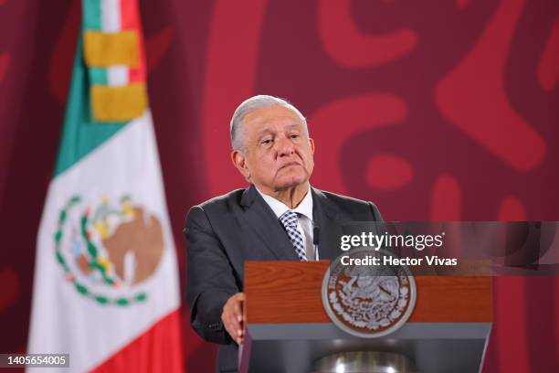 President of Mexico Andres Manuel Lopez Obrador gestures during the daily briefing at Palacio Nacional on June 28, 2022 in Mexico City, Mexico. Lopez...