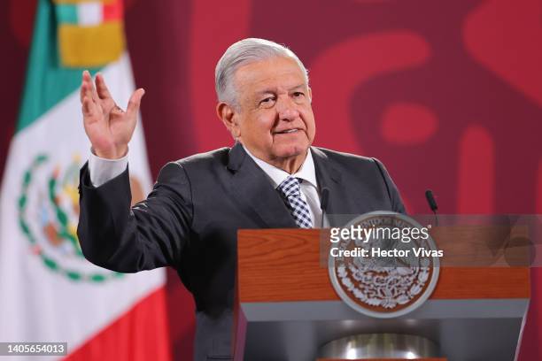 President of Mexico Andres Manuel Lopez Obrador speaks during the daily briefing at Palacio Nacional on June 28, 2022 in Mexico City, Mexico. Lopez...