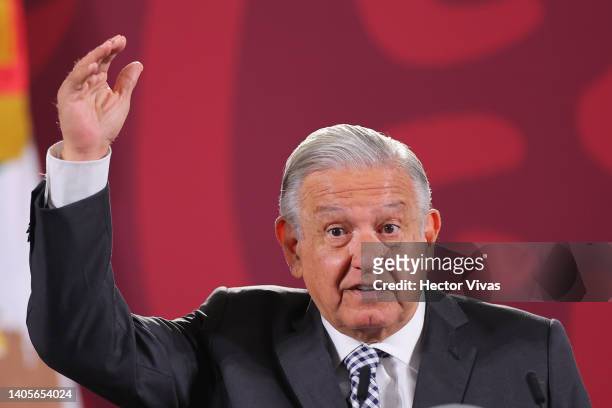 President of Mexico Andres Manuel Lopez Obrador speaks during the daily briefing at Palacio Nacional on June 28, 2022 in Mexico City, Mexico. Lopez...