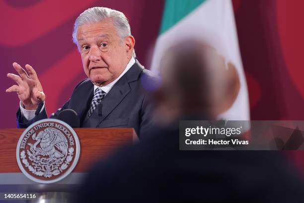 President of Mexico Andres Manuel Lopez Obrador speaks during the daily briefing at Palacio Nacional on June 28, 2022 in Mexico City, Mexico. Lopez...