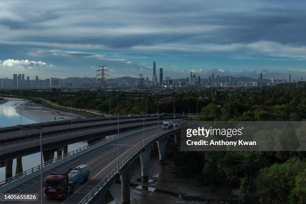Skyline of Shenzhen is seen from New Territories ahead of the 25th anniversary of Hong Kong handover on June 26, 2022 in Hong Kong, China. Hong Kong...