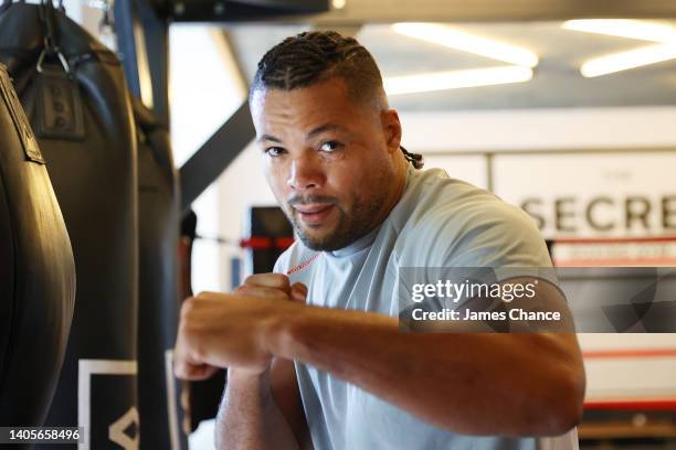 Joe Joyce shadow boxes during the Frank Warren Media Workout at The Secret Boxing Gym on June 28, 2022 in London, England.