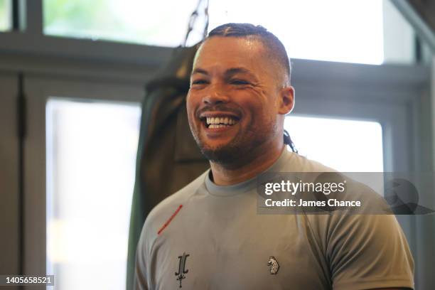 Joe Joyce reacts during the Frank Warren Media Workout at The Secret Boxing Gym on June 28, 2022 in London, England.