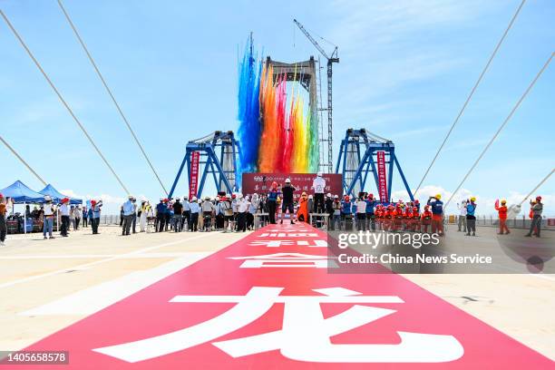 People attend a ceremony to mark the closure of the Zhongshan bridge on the Shenzhen-Zhongshan Passage, the core project of Guangdong-Hong Kong-Macao...