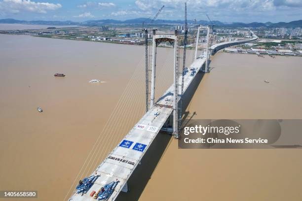 Aerial view of the construction site of the Zhongshan bridge on the Shenzhen-Zhongshan Passage, the core project of Guangdong-Hong Kong-Macao Greater...