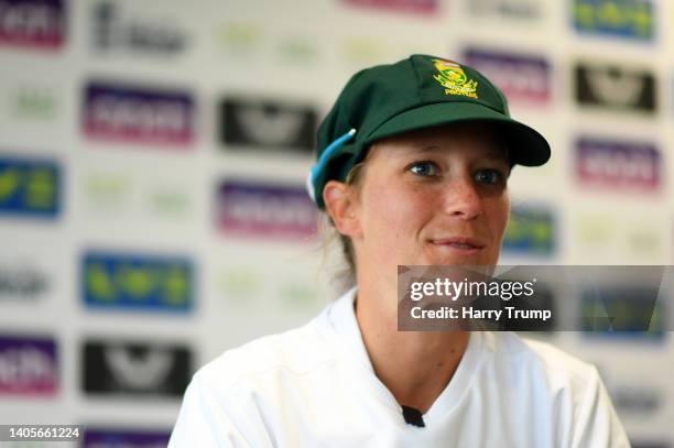 Anneke Bosch of South Africa looks on as they are interviewed following Day Two of the First Test Match between England Women and South Africa Women...