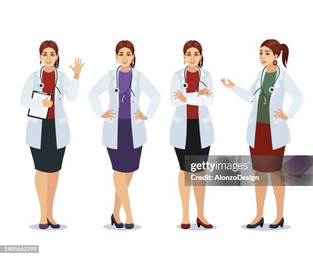 doctor woman poses set. - scientist portrait stock illustrations