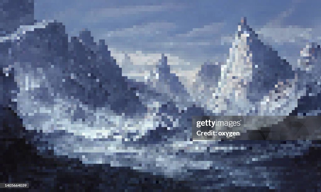 Pixeleted Abstract Snowy Mountains. Beautiful Dramatic Art Illustration with Square Shapes