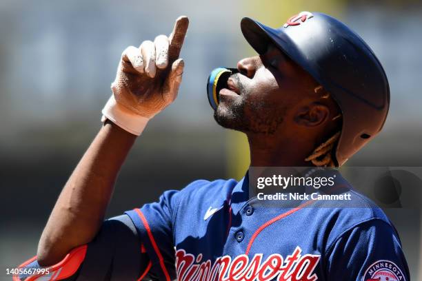 Nick Gordon of the Minnesota Twins celebrates hitting a single during the fourth inning of game one of a doubleheader against the Cleveland Guardians...