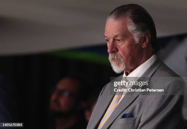 Broadcaster Barry Melrose looks on during Game Six of the 2022 NHL Stanley Cup Final at Amalie Arena on June 26, 2022 in Tampa, Florida. The...