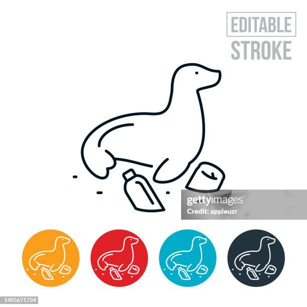 seal on beach surrounded by trash thin line icon - editable stroke - drinks can production stock illustrations