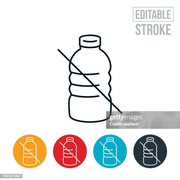 plastic water bottle ban thin line icon - editable stroke - disposal container stock illustrations
