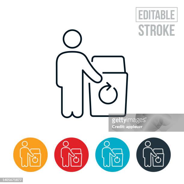 person pointing to recycle bin thin line icon - editable stroke - encouragement stock illustrations