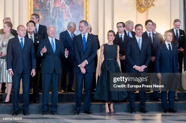 President Joe Biden ; King Felipe VI ; Queen Letizia ; Prime Minister Pedro Sanchez ; and French President Emmanuel Macron pose at the Royal Gala...
