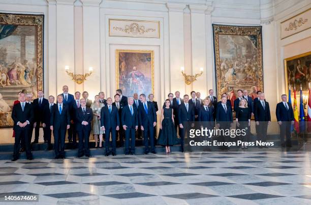 Family photo of the attendees at the Royal Gala dinner for the participants of the NATO Summit, at the Royal Palace, on 28 June, 2022 in Madrid,...