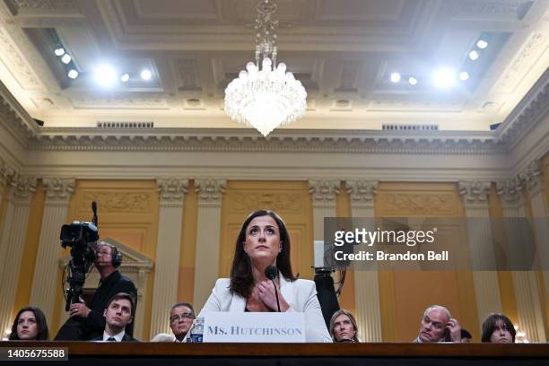 Cassidy Hutchinson, a top former aide to Trump White House Chief of Staff Mark Meadows, testifies during the sixth hearing by the House Select...
