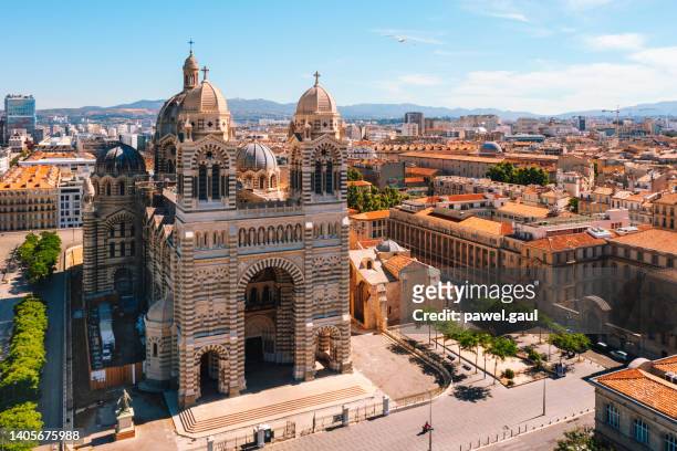 aerial view of cathédrale la major in marseille france - marseille stock pictures, royalty-free photos & images