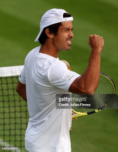 Jason Kubler of Australia celebrates winning against Dan Evans of Great Britain during their Men's Singles First Round Match on day two of The...