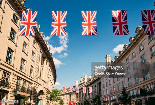 low angle view of regent street - union jack stock pictures, royalty-free photos & images