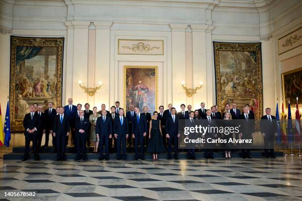 King Felipe VI of Spain and Queen Letizia of Spain pose with the participants of the 2022 NATO Summit, Joe Biden, Alexander De Croo, Justin Trudeau,...