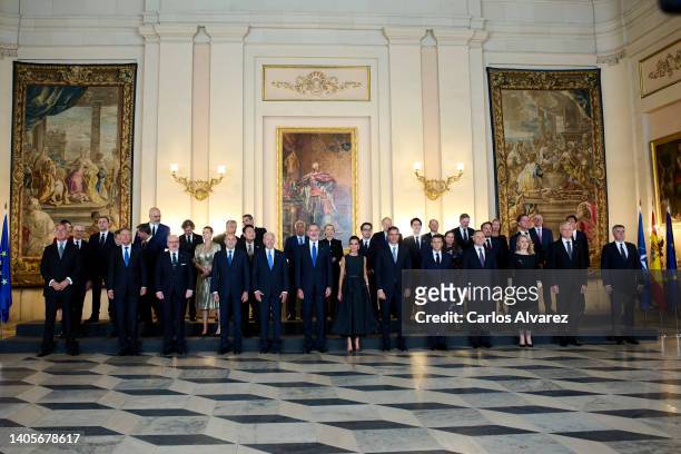 King Felipe VI of Spain and Queen Letizia of Spain pose with the participants of the 2022 NATO Summit, Joe Biden, Alexander De Croo, Justin Trudeau,...