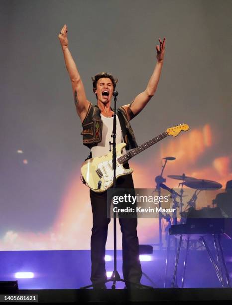 Shawn Mendes performs onstage during the opening night of Shawn Mendes Wonder: The World Tour at Moda Center on June 27, 2022 in Portland, Oregon.