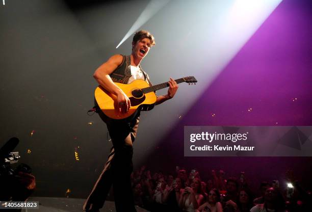 Shawn Mendes performs onstage during the opening night of Shawn Mendes Wonder: The World Tour at Moda Center on June 27, 2022 in Portland, Oregon.