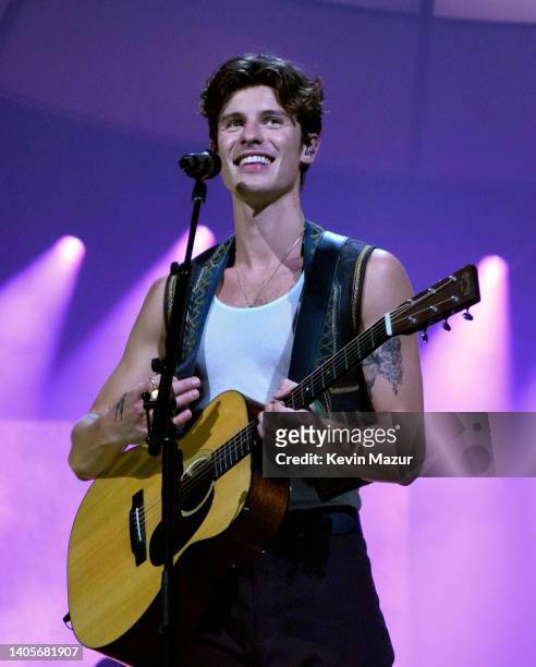 Shawn Mendes performs onstage during the opening night of Shawn Mendes Wonder: The World Tour at Moda Center on June 27, 2022 in Portland, Oregon.