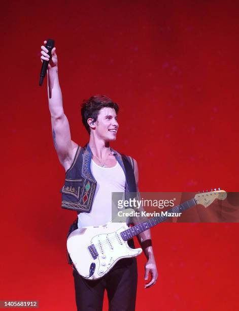 Shawn Mendes performs onstage during the opening night of Shawn Mendes Wonder: The World Tour at Moda Center on June 27, 2022 in Portland, Oregon.