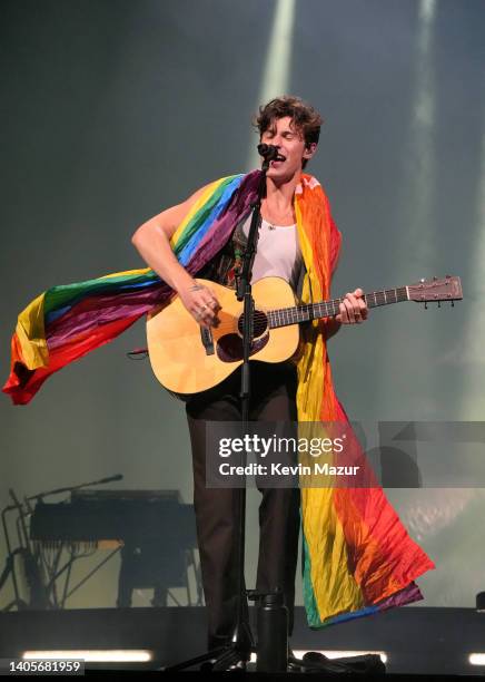 Shawn Mendes performs onstage during the opening night of Shawn Mendes Wonder: The World Tour at Moda Center on June 27, 2022 in Portland, Oregon.