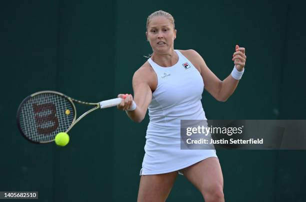 Shelby Rogers of The United States plays a forehand against Petra Martic of Croatia during their Women's Singles First Round Match on day two of The...