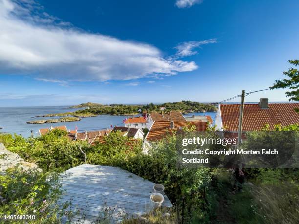 aerial view of charming buildings by the coastline - farsund stock pictures, royalty-free photos & images