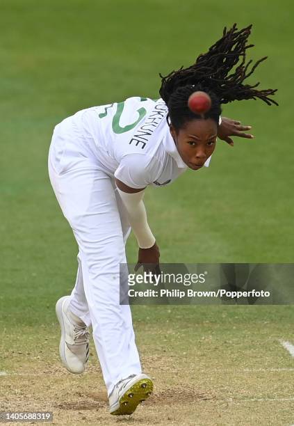 Tumi Sekhukhune of South Africa bowls during the second day of the Test against England at The Cooper Associates County Ground on June 28, 2022 in...