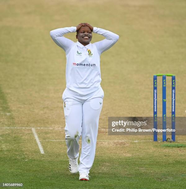 Nonkululeko Mlaba of South Africa smiles during the second day of the Test match between England Women and South Africa Women at The Cooper...