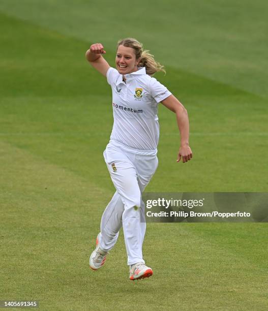 Anneke Bosch of South Africa celebrates after dismissing Sophia Dunkley of England during the second day of the Test match at The Cooper Associates...