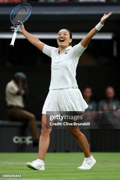 Harmony Tan of France celebrates after winning match point against Serena Williams of The United States during their Women's Singles First Round...