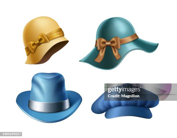 vintage hüte damen und herren hüte aus verschiedenen epochen, trilby hut, mütze hut, slouch hut, achtteiler hut, cloche hut - kapotthut stock-grafiken, -clipart, -cartoons und -symbole