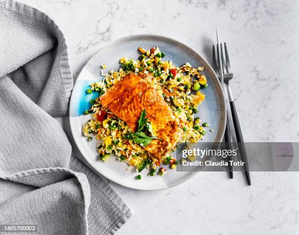 plate of fried rice with roasted salmon on white background - rice plate stock pictures, royalty-free photos & images