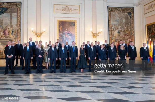 Family photo of the attendees at the Royal Gala dinner for the participants of the NATO Summit, at the Royal Palace, on 28 June, 2022 in Madrid,...