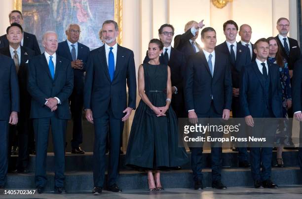 President Joe Biden, King Felipe VI, Queen Letizia, Prime Minister Pedro Sanchez and French President Emmanuel Macron pose at the Royal Gala dinner...