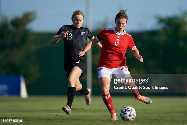 Paige Satchell of New Zealand competes for the ball with Hayley Ladd of Wales during the Women's International Friendly match between New Zealand and...