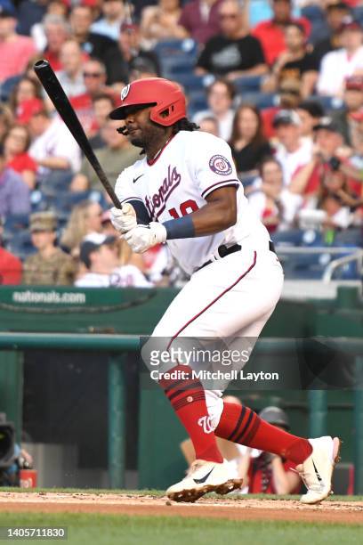 Josh Bell of the Washington Nationals doubles in the first inning against the Pittsburgh Pirates at Nationals Park on June 28, 2022 in Washington, DC.