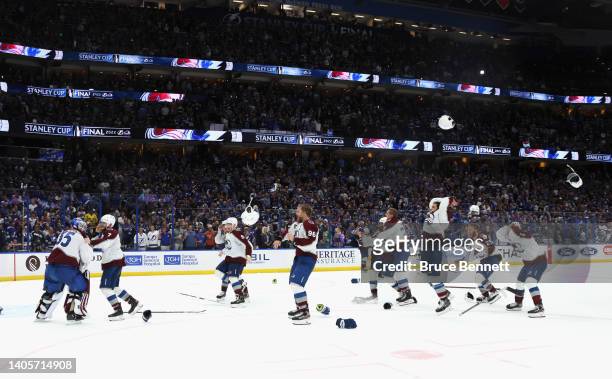The Colorado Avalanche celebrate victory over the Tampa Bay Lightning in Game Six of the 2022 NHL Stanley Cup Final at Amalie Arena on June 26, 2022...