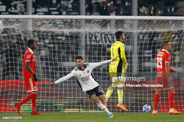 Juan Lucero of Colo Colo celebrates after scoring the first goal of his team during a round of sixteen first leg match between Colo-Colo and...