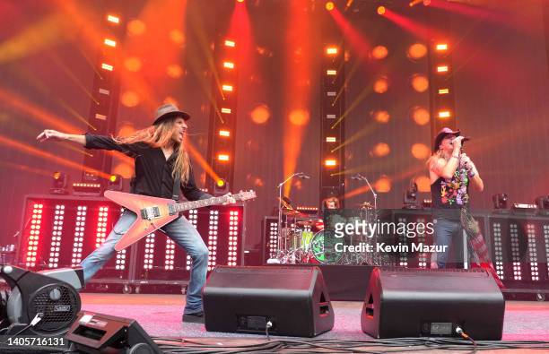 DeVille, Rikki Rockett and Bret Michaels of Poison perform onstage during The Stadium Tour at Nationals Park on June 22, 2022 in Washington, DC.
