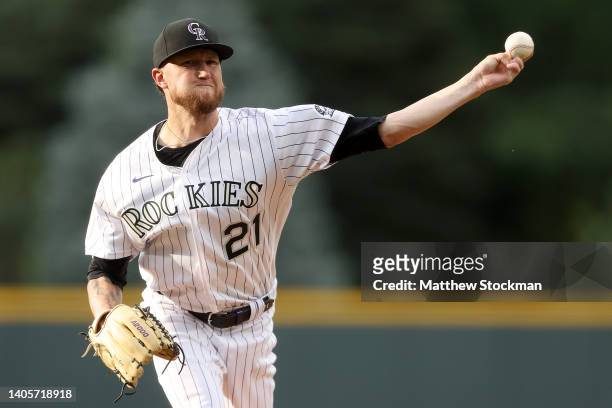 Starting pitcher Kyle Freeland of the Colorado Rockies throws against the Los Angeles Dodgers in the first inning at Coors Field on June 28, 2022 in...