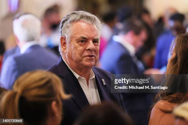 Former U.S. Rep. Peter King talks at an election night party for Republican gurbernatorial candidate, U.S. Rep. Lee Zeldin at the Coral House on June...