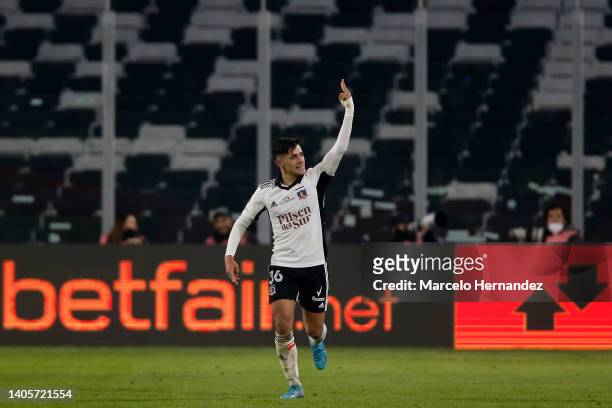 Pablo Solari of Colo Colo celebrates after scoring the second goal of his team during a round of sixteen first leg match between Colo-Colo and...
